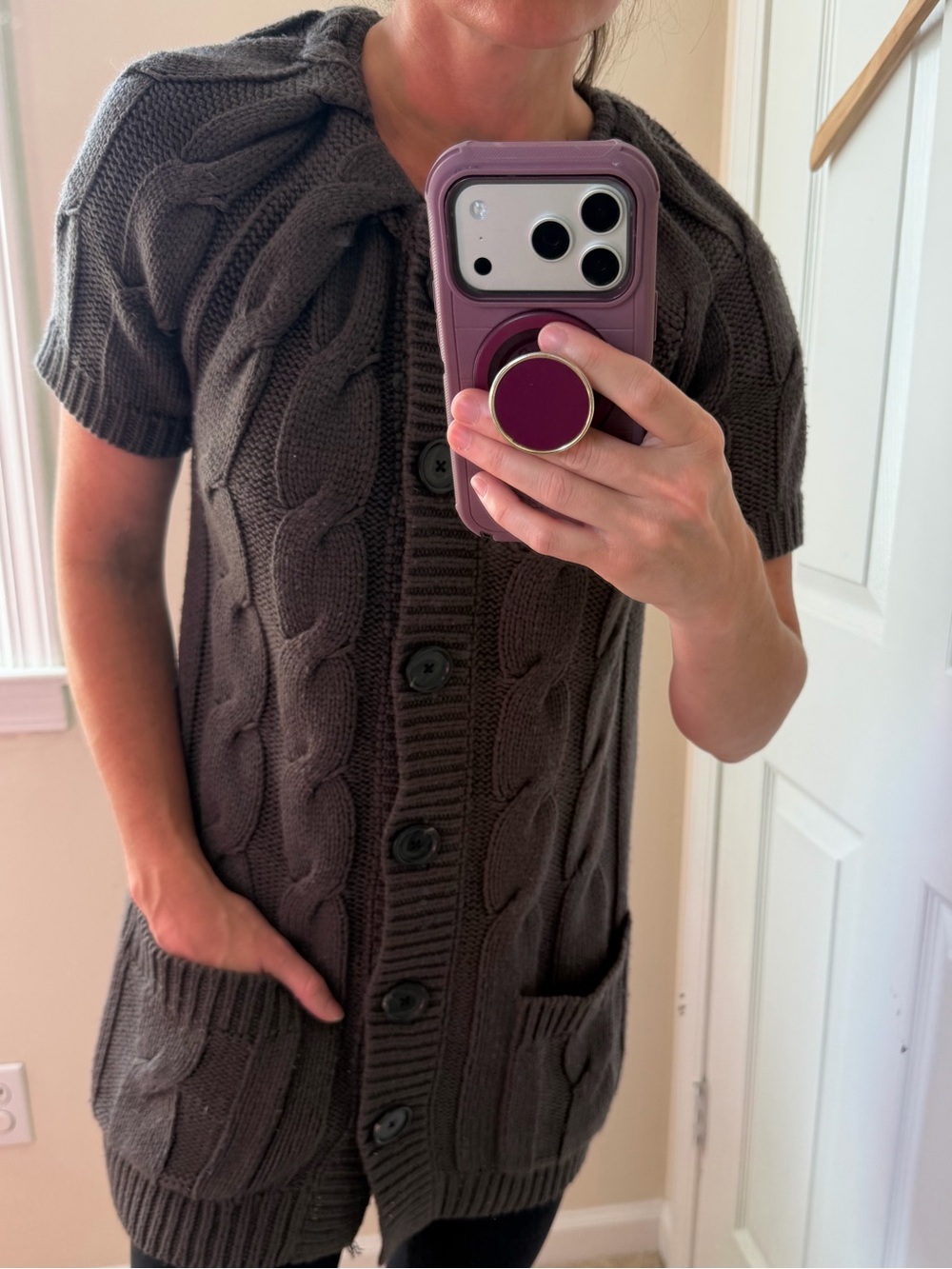 The Limited Cable Knit Cardigan Long Length Charcoal Gray Short Sleeve Small